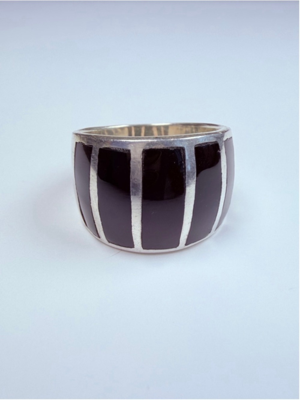 Southwestern Stripe Jet Black Onyx 925 Sterling Silver Cigar Band Vintage Ring
